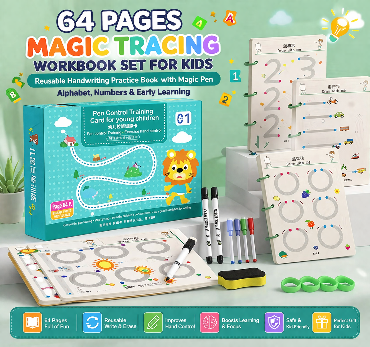 64 Pages Magic Tracing Workbook Set for Kids | Reusable Handwriting Practice Book with Magic Pen | Alphabet, Numbers & Early Learning