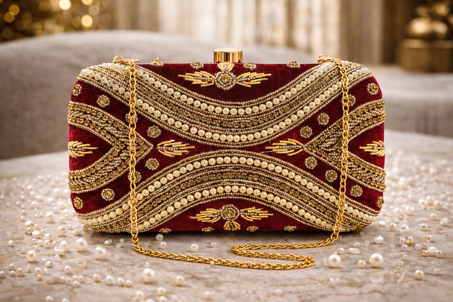 Velvet Pearl Embroidered Clutch