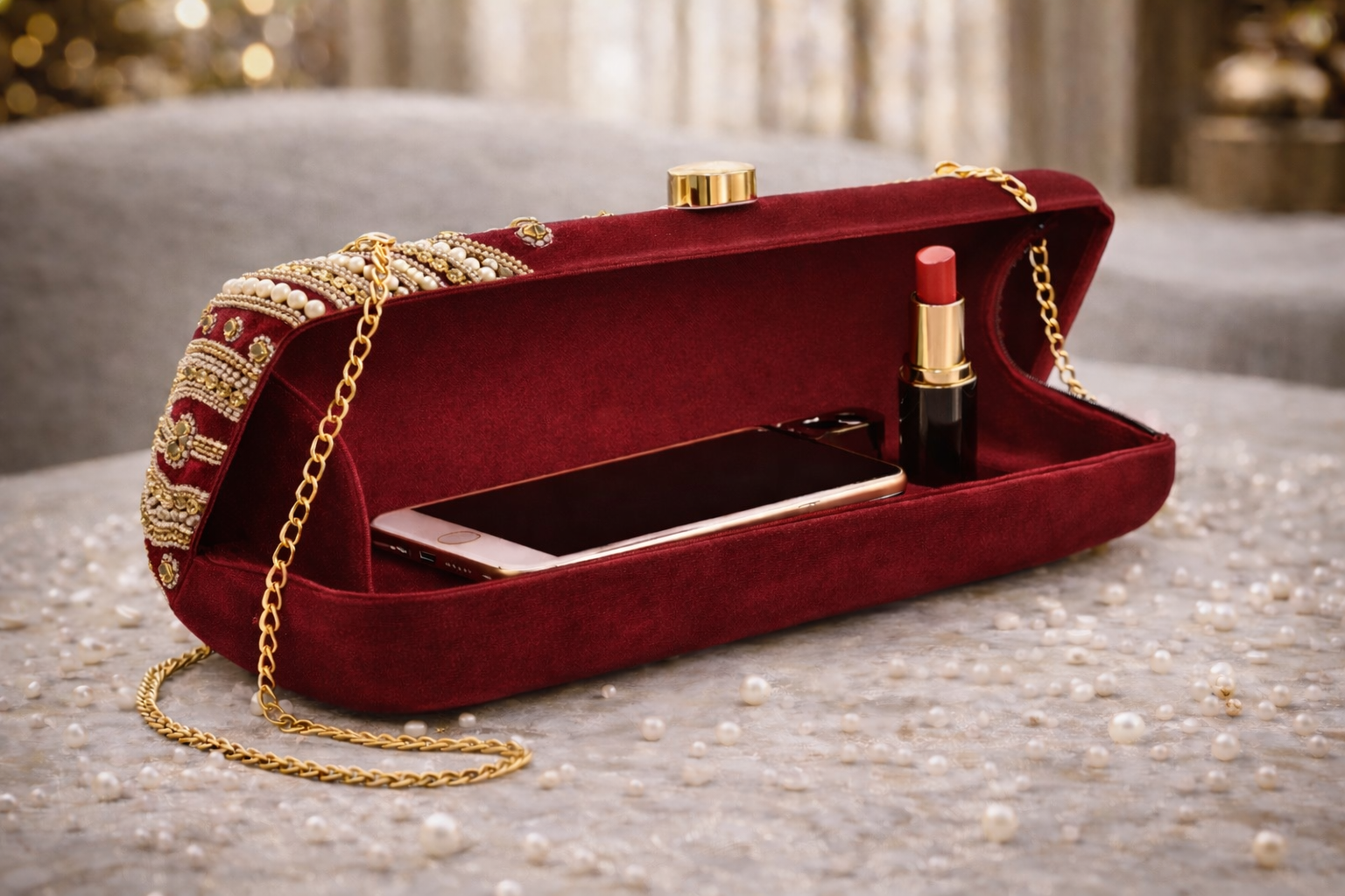 Velvet Pearl Embroidered Clutch