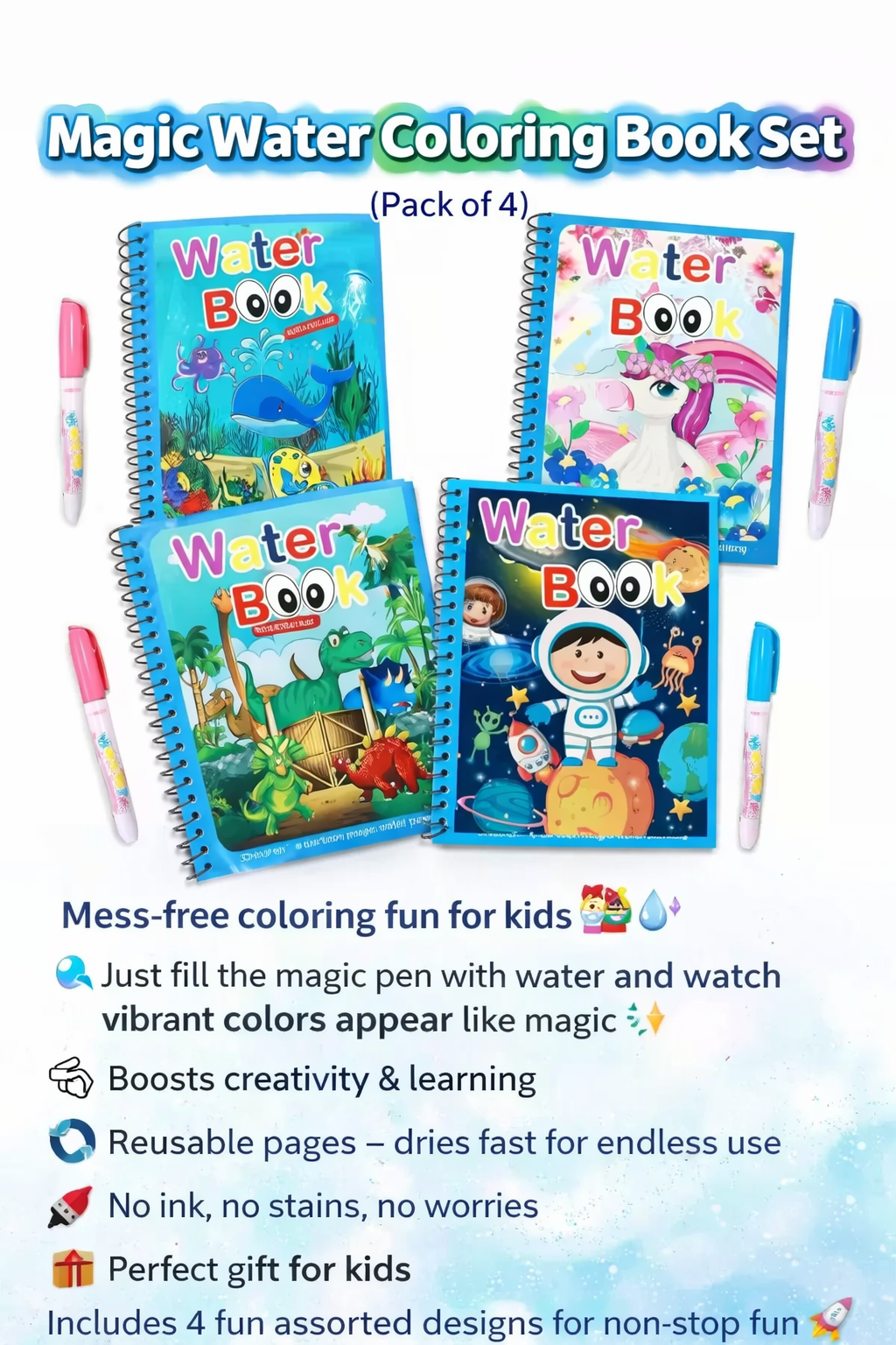 Magic Water Coloring Book Set (Pack of 4)